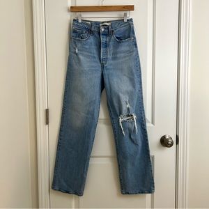 Levi's Premium Ribcage Straight High Rise Distressed Rip Knee Jeans Size 27